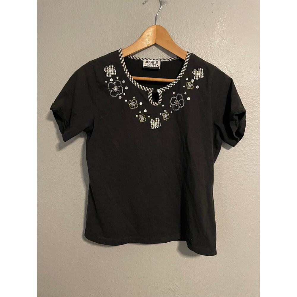 VTG Jennifer Scott Top Womens Medium Black Floral Embroidered Gingham Beaded 90s